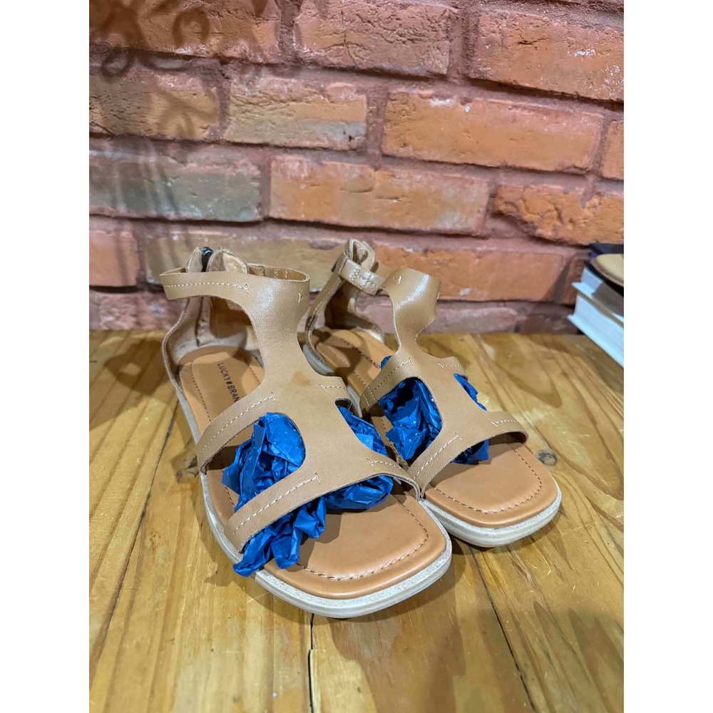 Lucky Brand 7.5 Tan Gladiator Sandals Square Toe Back Zip Flat Strappy Shoes